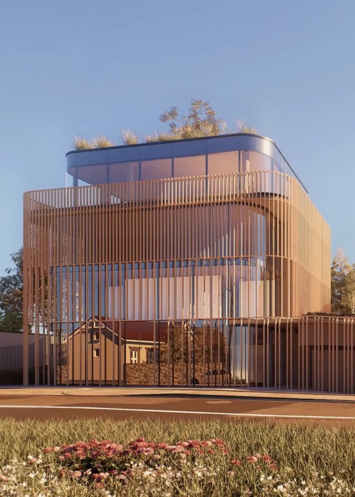 Render nowej siedziby SAO — budynek z drewnianymi lamelami i ogrodem na dachu