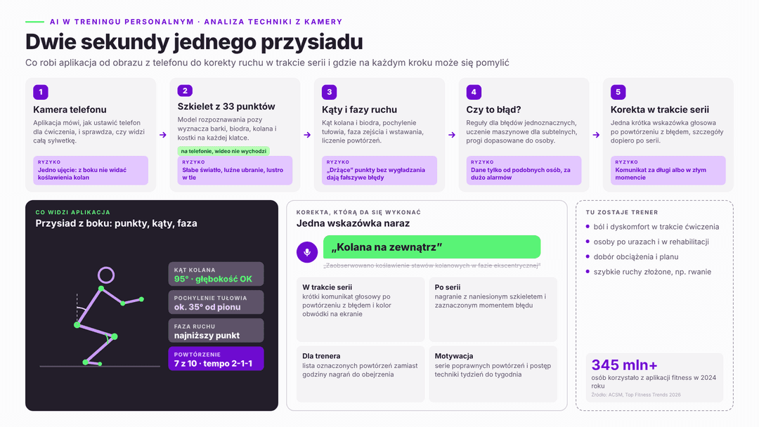 AI w treningu personalnym: pięć kroków analizy jednego przysiadu, od ustawienia kamery telefonu, przez szkielet z 33 punktów, kąty i fazy ruchu oraz decyzję o błędzie, po głosową korektę w trakcie serii, przy każdym kroku ryzyko pomyłki; poniżej schemat przysiadu z boku z kątem kolana, pochyleniem tułowia i licznikiem powtórzeń, przykład krótkiej wskazówki „Kolana na zewnątrz”, sytuacje, w których potrzebny jest trener, oraz dane ACSM o 345 mln użytkowników aplikacji fitness