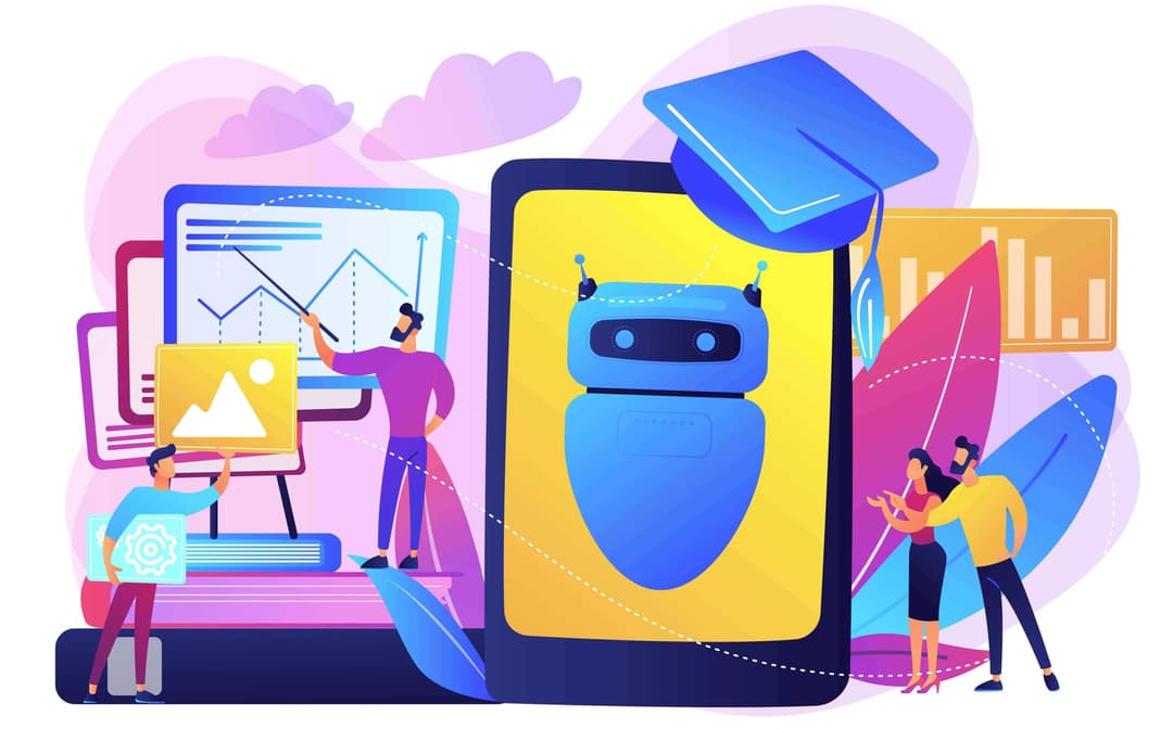 Ilustracja AI w edukacji: chatbot na ekranie smartfona, robot z biretem akademickim i ludzie uczący się przy tablicy — sztuczna inteligencja w szkoleniach korporacyjnych