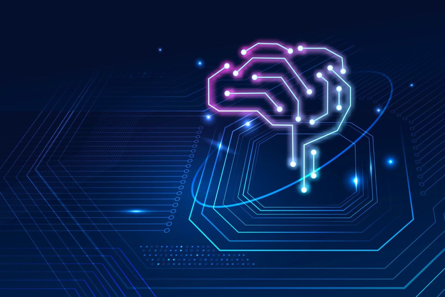 Ilustracja sieci neuronowej w kształcie mózgu zbudowanego z obwodów          │   │                                          │ elektronicznych na niebieskim tle — wizualizacja sztucznej inteligencji 
