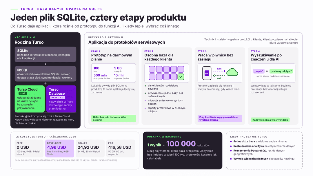 Cztery etapy użycia Turso w jednej aplikacji: prototyp na darmowym planie, osobna baza dla każdego klienta SaaS, praca offline z synchronizacją i wyszukiwanie wektorowe dla funkcji AI
